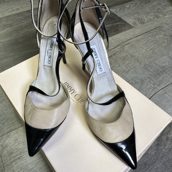 Jimmy Choo Willis Half D’Orsay Pumps Black Beige Patent & Suede - Picture 2 of 7